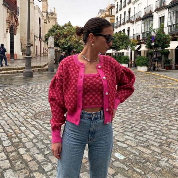 Zara 3-Piece Set - Pink Wool Blend Plaid Knit Dress, Top & Pearl Button Cardigan - Picture 2 of 16